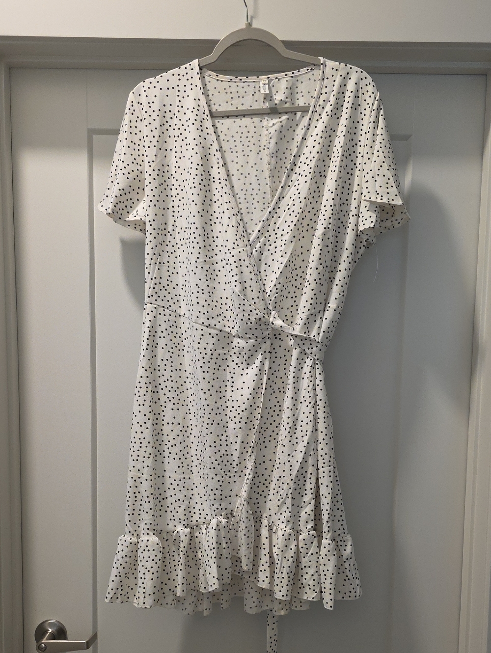White Polka Dot Wrap Mini Dress with Ruffle Hem